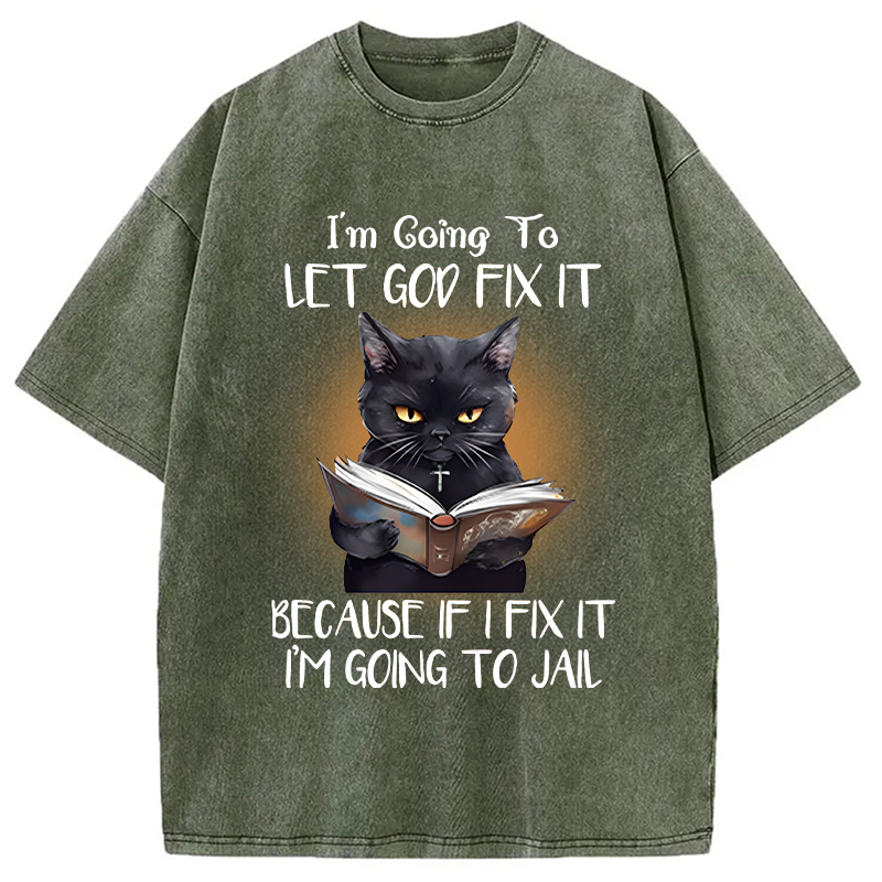 Modecanvas Funny Sarcastic Black Cat DTG Printing Washed T-Shirt