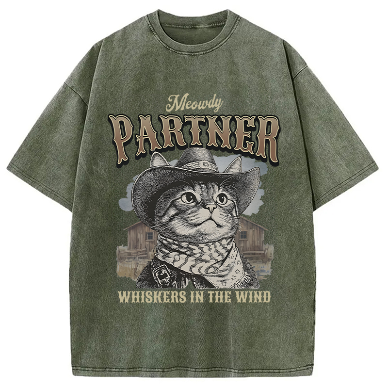 Modecanvas Meowdy Partner Cowboy Cat DTG Printing Washed T-Shirt