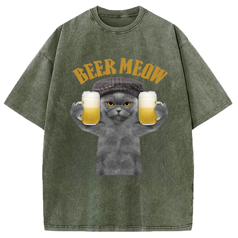 Modecanvas Funny Cat Drinking Or Serving Beer DTG Printing Washed T-Shirt
