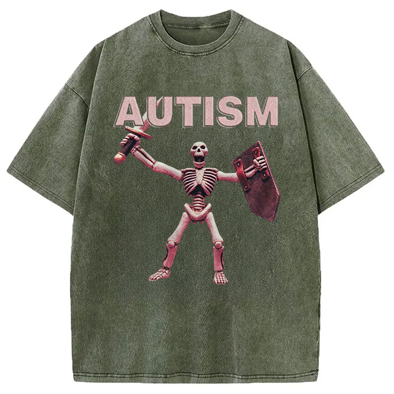 Modecanvas Funny Autism Skeleton Offensive Meme DTG Printing Washed T-Shirt