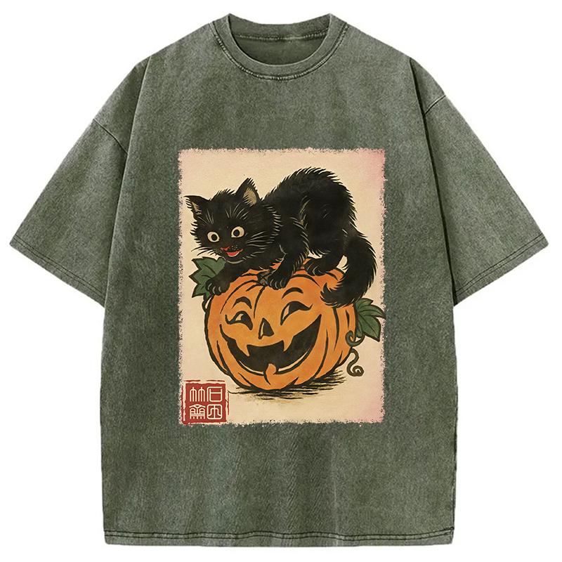 Modecanvas Black Cat And Pumpkin Washed T-Shirt