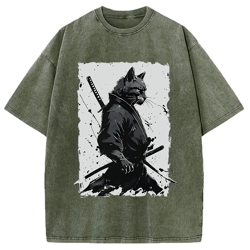 Modecanvas Handsome Samurai Cat Washed T-Shirt