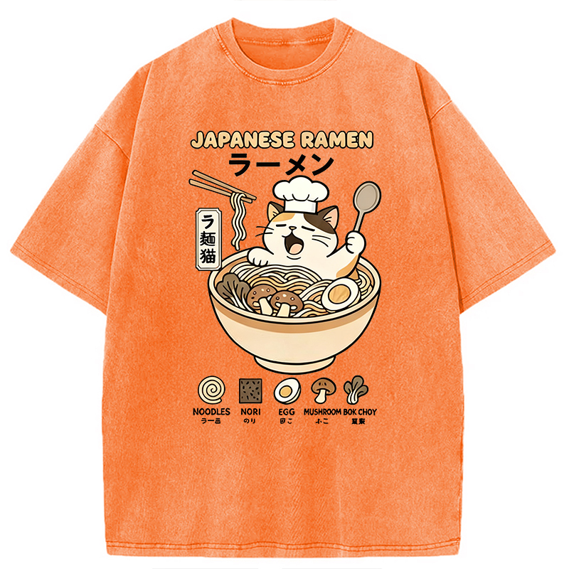 Modecanvas Ramen Cat DTG Printing Washed T-Shirt