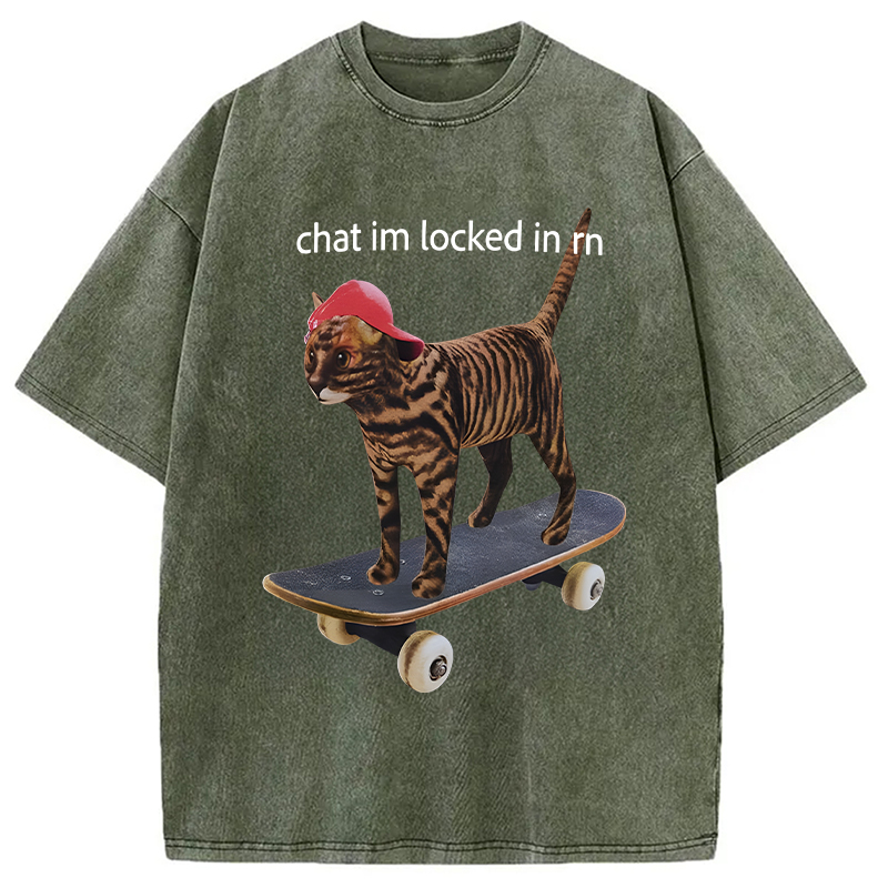Modecanvas Locked In Skateboard Cat DTG Printing Washed T-Shirt