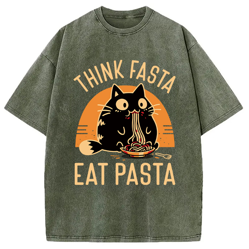 Modecanvas Think Fast Eat Pasta Funny Cat DTG Printing Washed T-Shirt