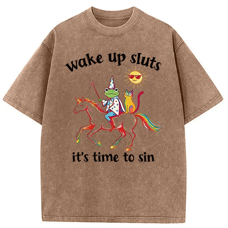 Modecanvas Wake Up Sluts Funny Frog DTG Printing Washed T-Shirt