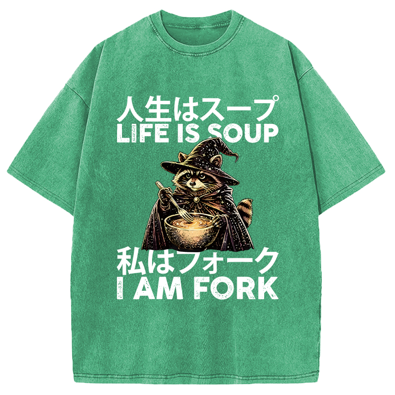 Modecanvas Life is Soup I Am Fork Funny Raccoon Wizard Meme DTG Printing Washed T-Shirt