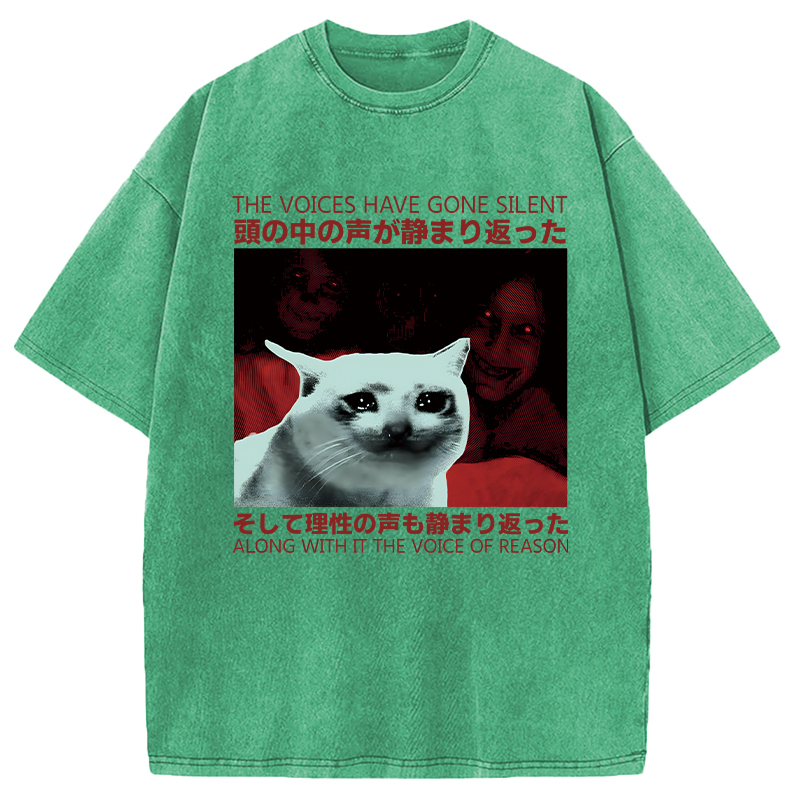 Modecanvas Silent Cat Funny Vintage Japanese DTG Printing Washed T-Shirt
