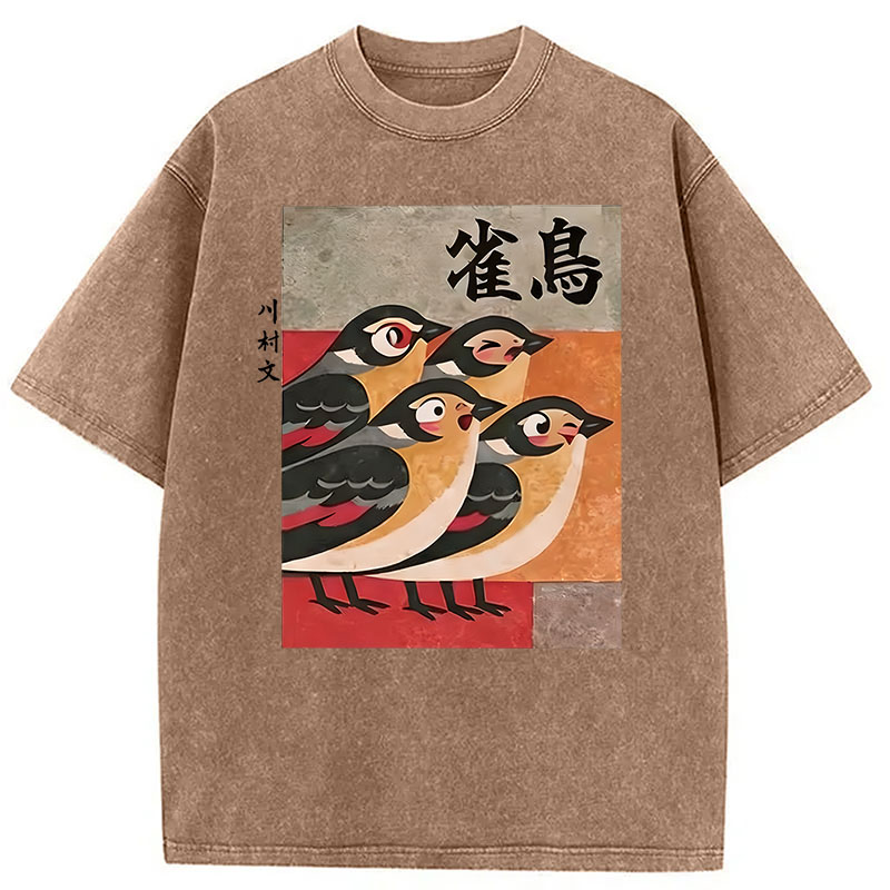 Modecanvas Cute Sparrows DTG Printing Washed T-Shirt