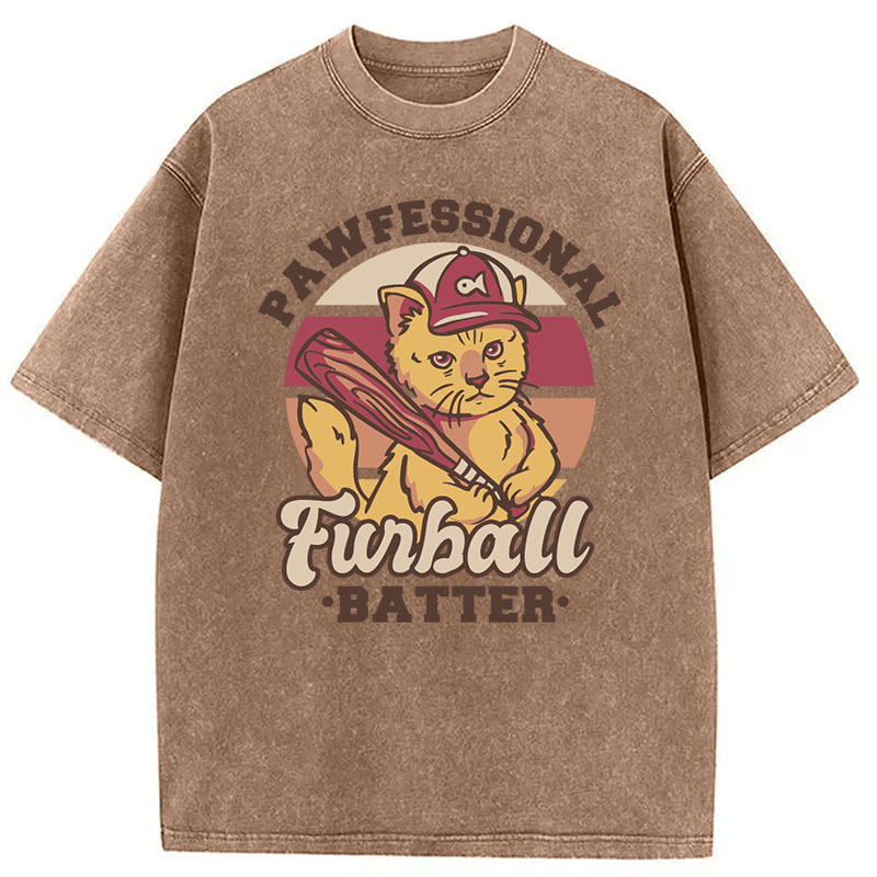 Modecanvas Furball Batter Funny Cat DTG Printing Washed T-Shirt