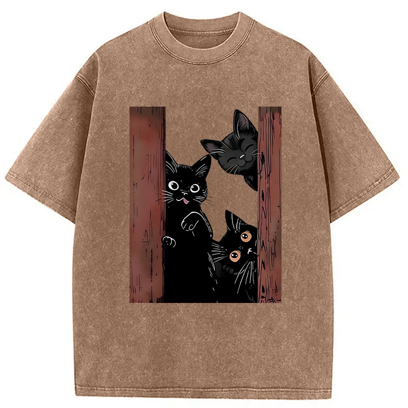 Modecanvas Funny Cats Spying On You DTG Printing Washed T-Shirt