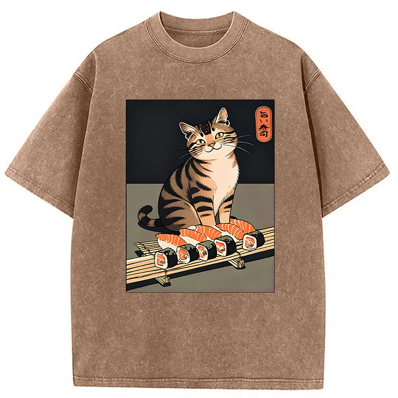 Modecanvas Cute Cat Trying To Steal Sushi DTG Printing Washed T-Shirt