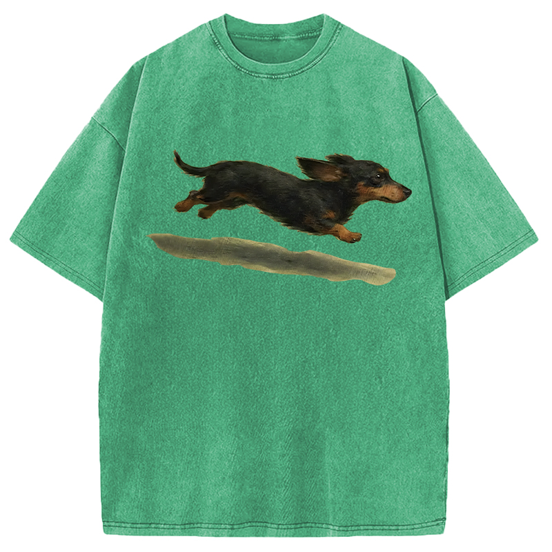 Modecanvas Funny Retro Cute Running Dog DTG Printing Washed T-Shirt