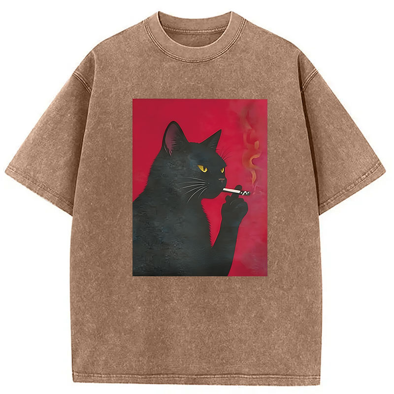 Modecanvas Black Cat Smoking DTG Printing Washed T-Shirt