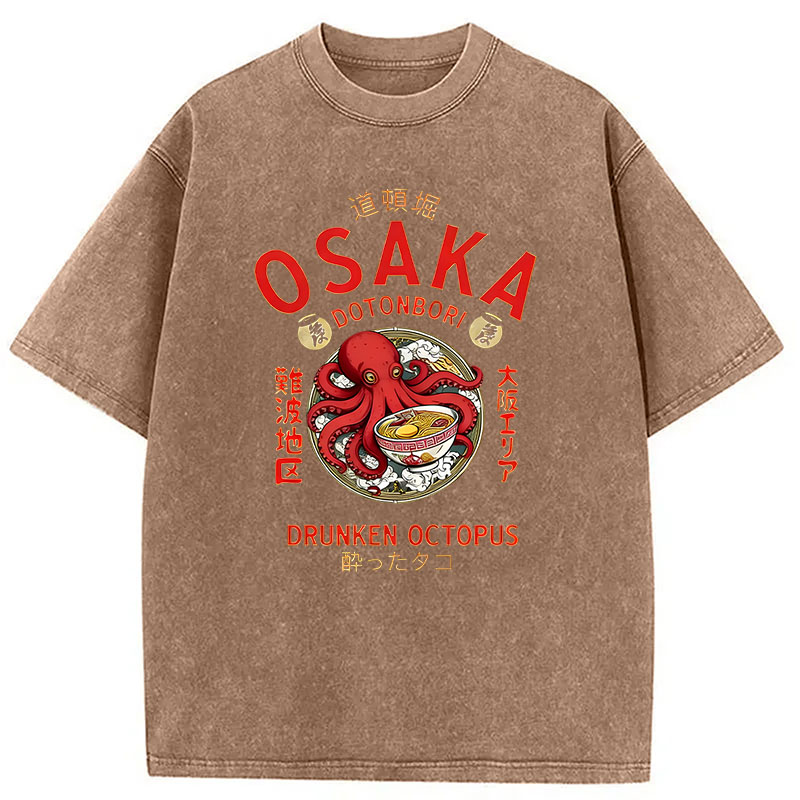 Modecanvas Osaka Drunken Octopus Eating Ramen DTG Printing Washed T-Shirt