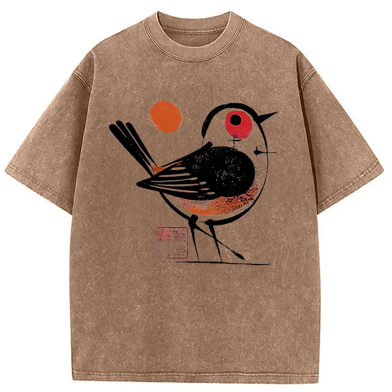 Modecanvas Aesthetic Yellow And Black Bird DTG Printing Washed T-Shirt