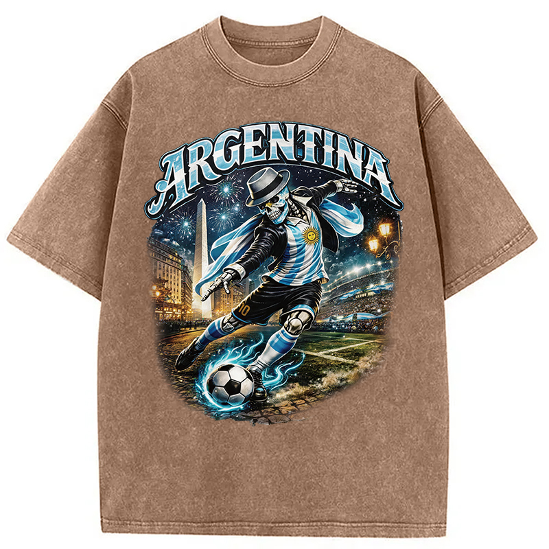 Modecanvas Skull Argentina Football DTG Printing Washed T-Shirt