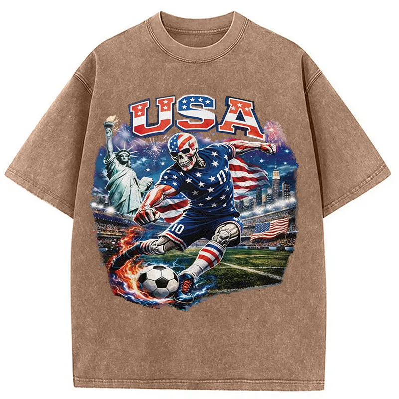 Modecanvas USA Soccer Skull DTG Printing Washed T-Shirt