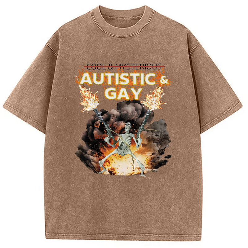 Modecanvas Autistic and Gay Skeleton Explosion DTG Printing Washed T-Shirt-modecanvas