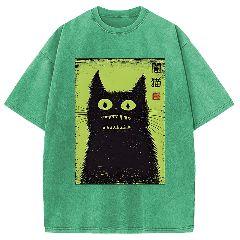 Modecanvas Spooky Black Cat Japanese DTG Printing Washed T-Shirt