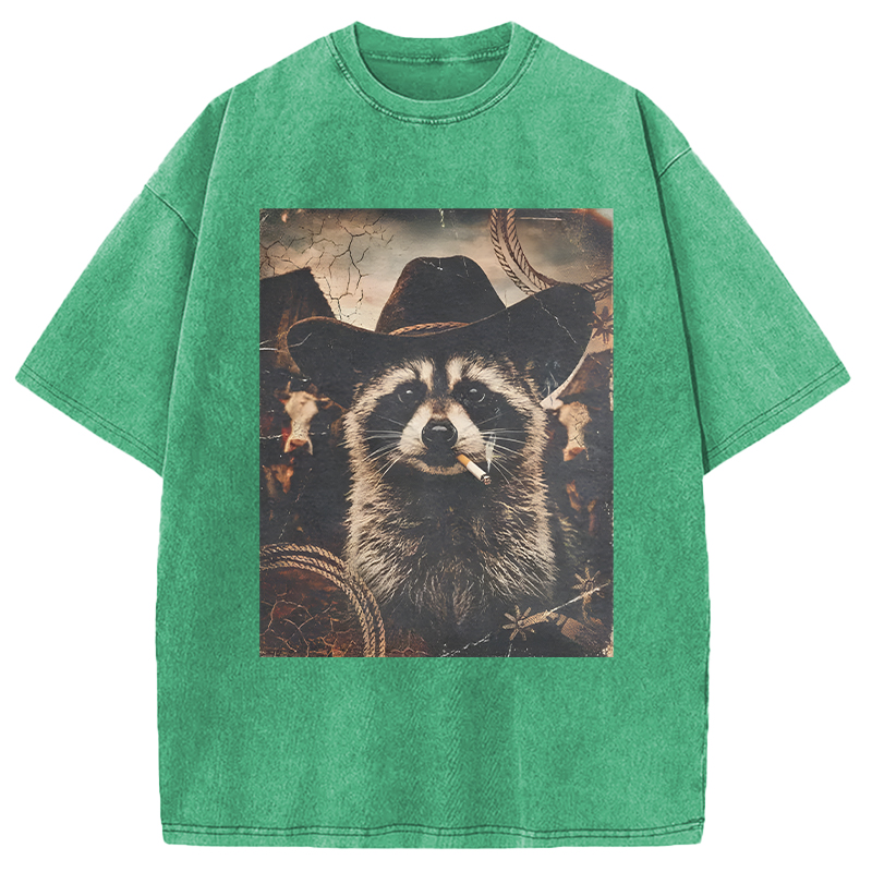 Modecanvas Vintage Weatern Raccoon DTG Printing Washed T-Shirt