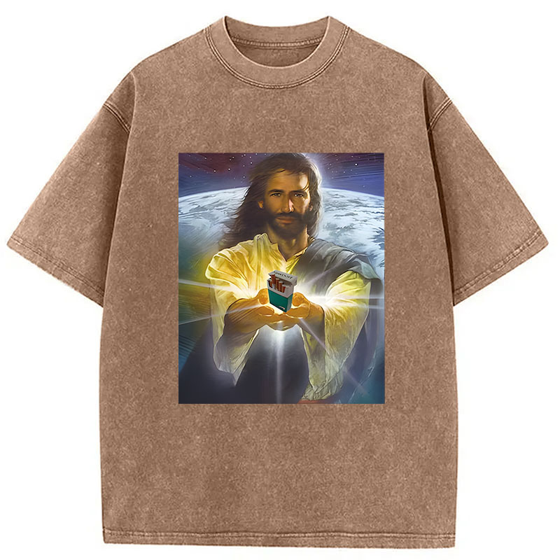 Modecanvas Jesus Holding Cigarettes DTG Printing Washed T-Shirt