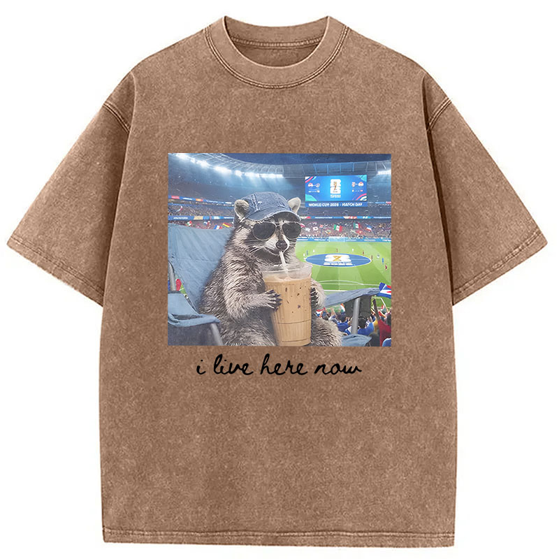 Modecanvas I Live Here Now Raccoon DTG Printing Washed T-Shirt