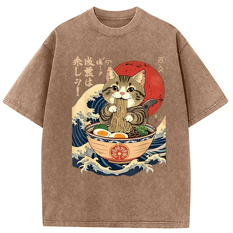 Modecanvas Cat Eating Ramen Noodles DTG Printing Washed T-Shirt