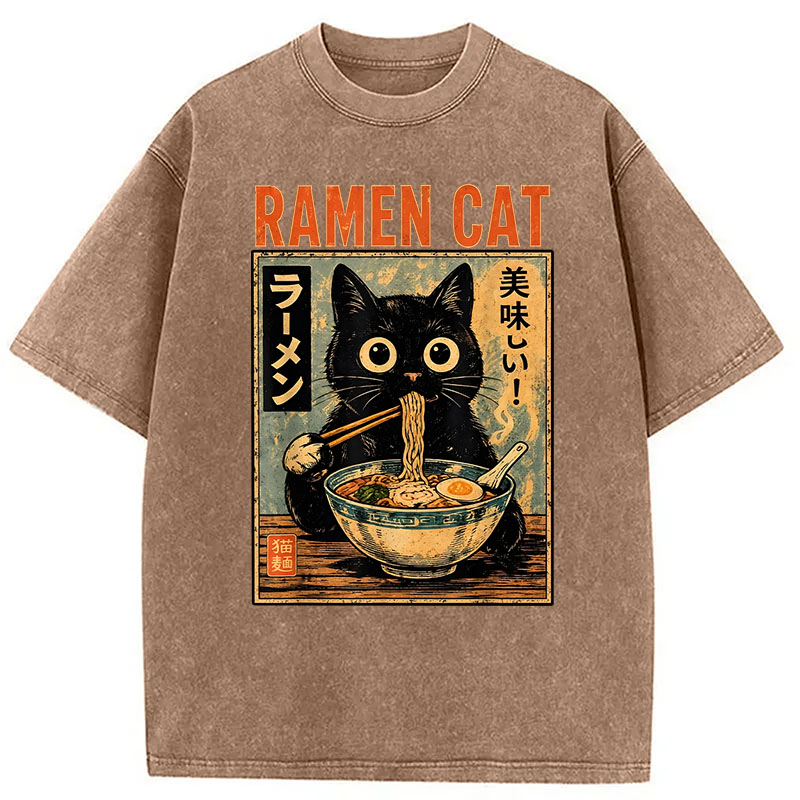 Modecanvas Funny Cat Ramen DTG Printing Washed T-Shirt