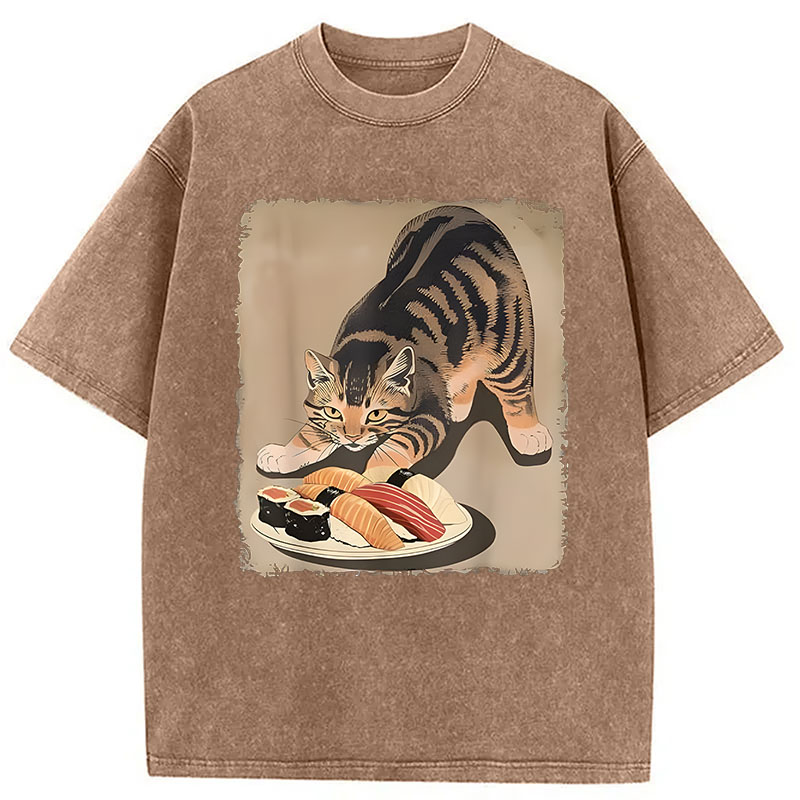 Modecanvas Kawaii Cat Eating Sushi DTG Printing Washed T-Shirt