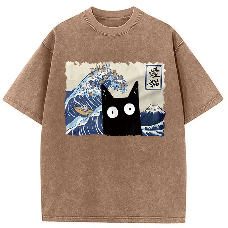 Modecanvas Kawaii Cat Japanese Wave DTG Printing Washed T-Shirt