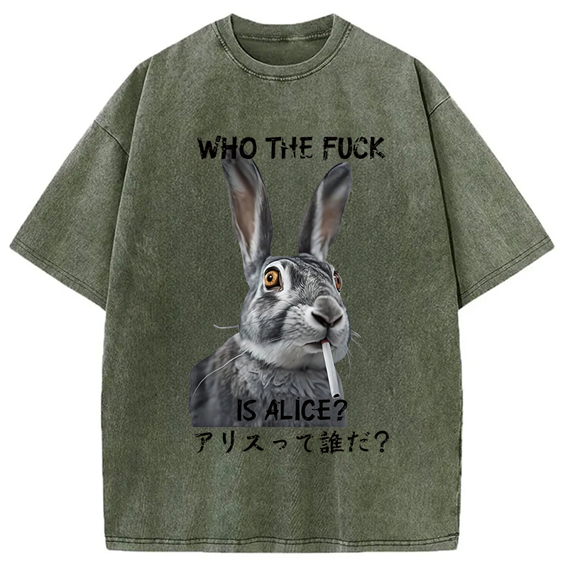 Modecanvas Who The Fvck Is Alice Funny Rabbit Smoking Washed T-Shirt