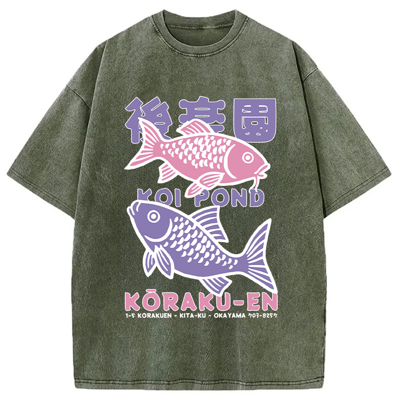 Modecanvas Koi Fish Pond Japanese Washed T-Shirt