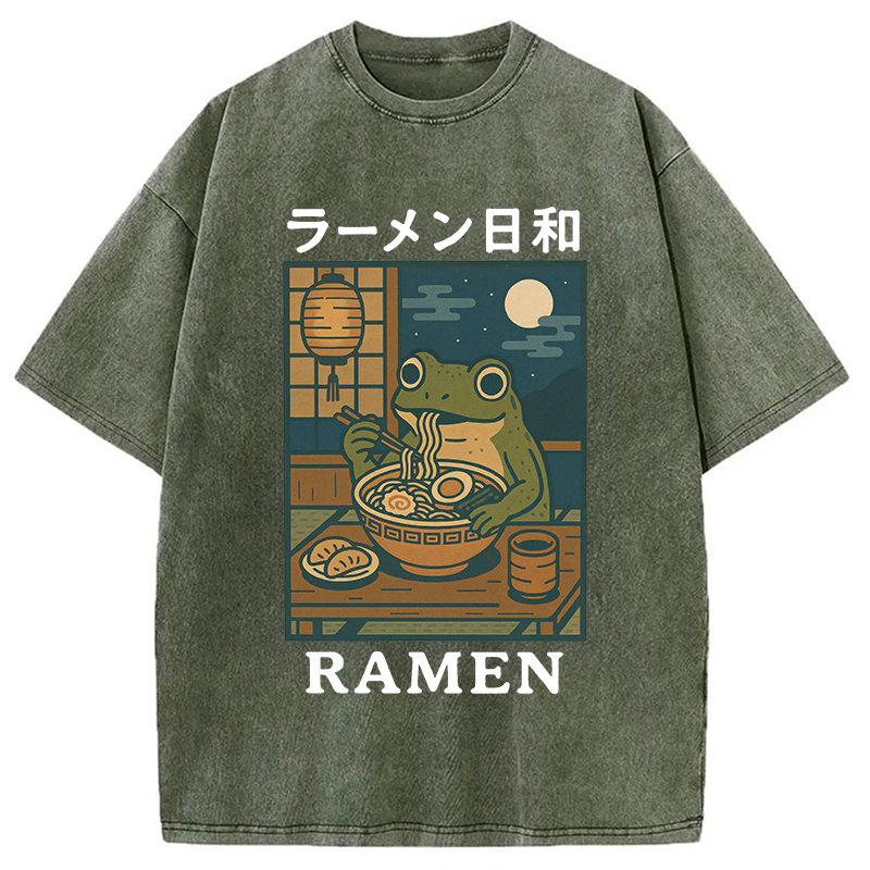 Modecanvas Japanese Frog Eating Ramen Washed T-Shirt-modecanvas