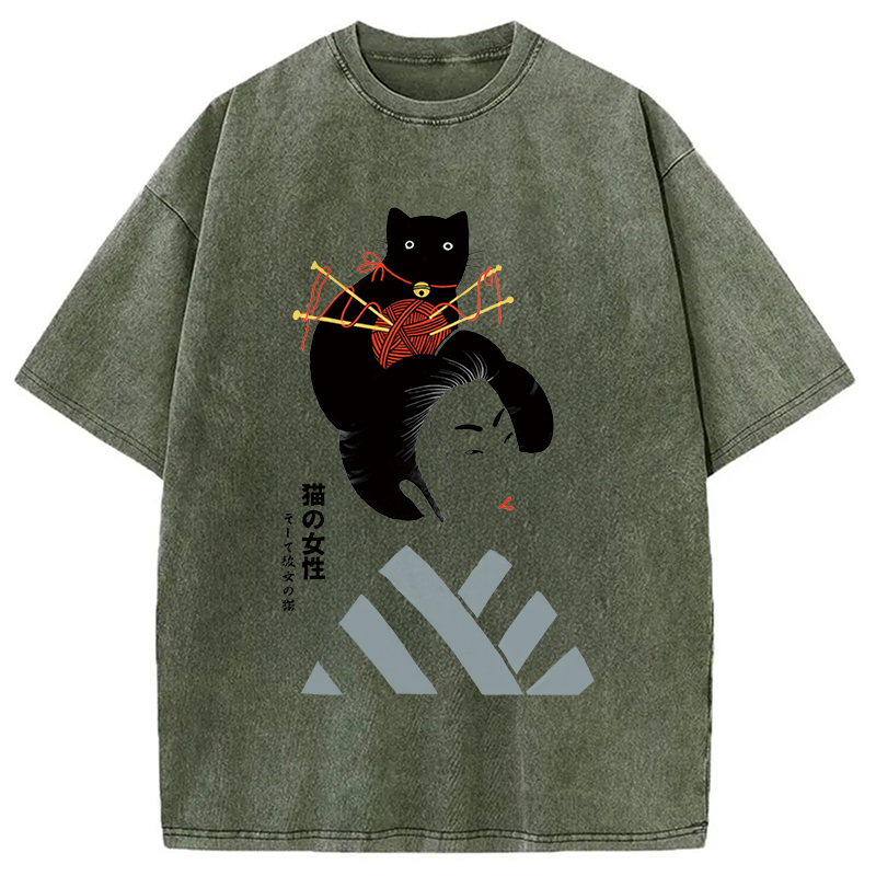 Modecanvas Geisha And Cat Washed T-Shirt