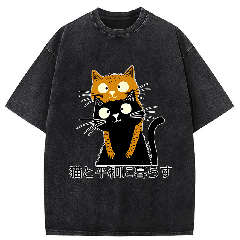 Modecanvas Live Peacefully With Cats Washed T-Shirt