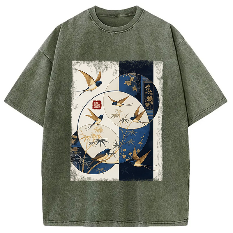 Modecanvas Swallows Among The Bamboo Washed T-Shirt