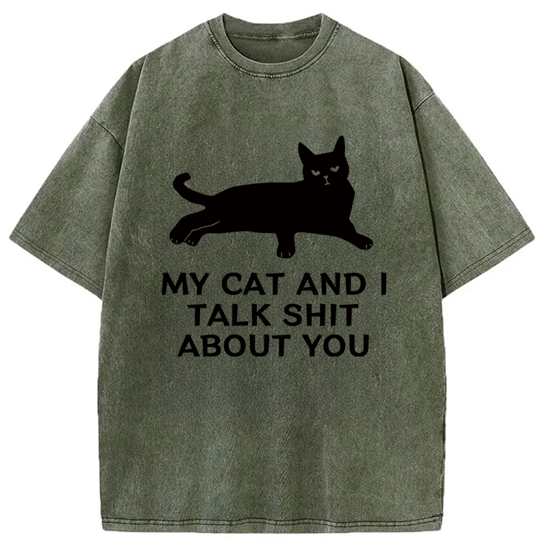 Modecanvas Gossiping Black Cat Washed T-Shirt-modecanvas