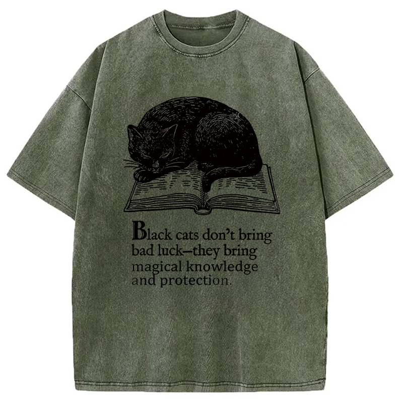 Modecanvas Black Cat Sleeping On A Book Washed T-Shirt