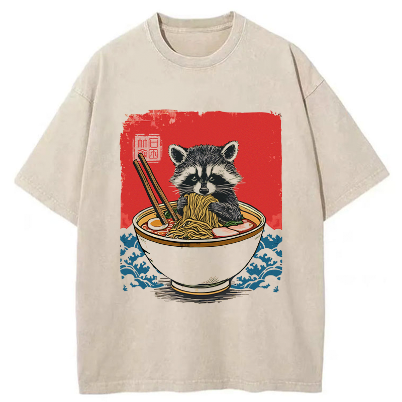 Modecanvas Ramen Lover Raccoon Washed T-Shirt-modecanvas