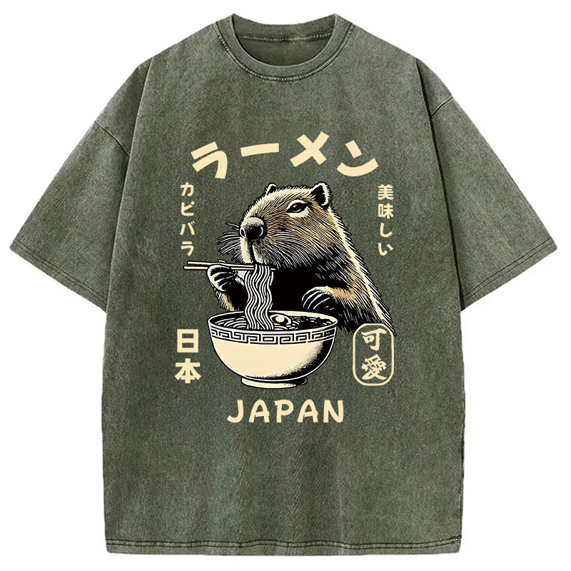 Modecanvas Retro Capybara Eating Ramen Japanese Washed T-Shirt