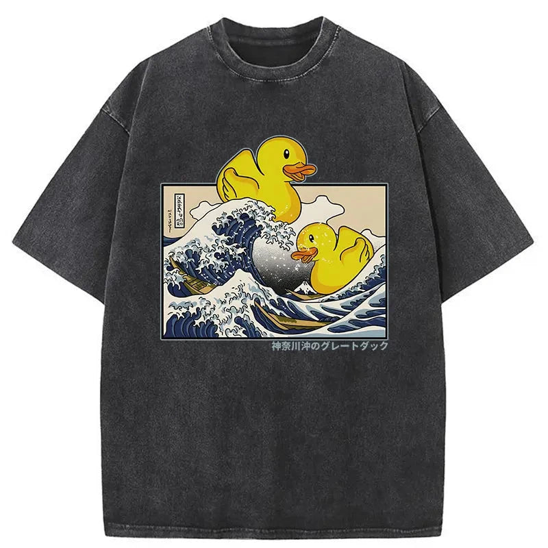 Modecanvas Ukiyoe Waves And Cute Yellow Duck Washed T-Shirt-modecanvas
