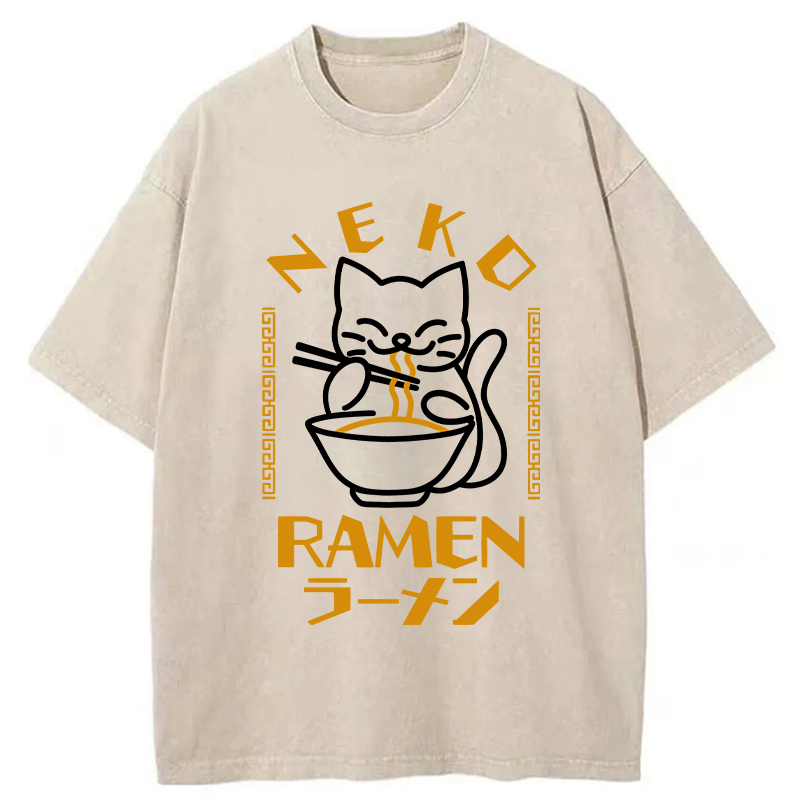 Modecanvas Cat Obsessed With Ramen Washed T-Shirt-modecanvas