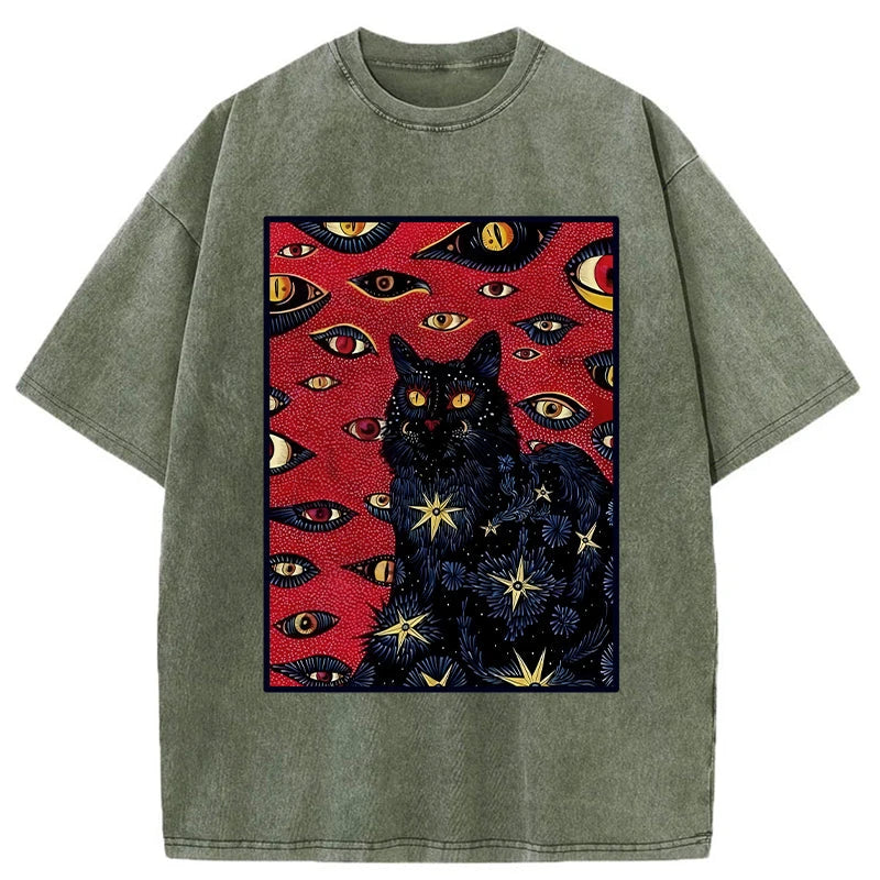 Modecanvas Mysterious Cat Washed T-Shirt-modecanvas