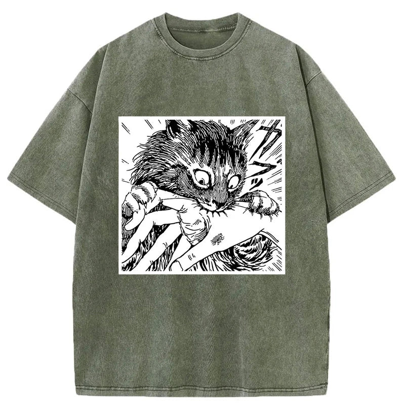 Modecanvas Creepy Cat Anime Horror Anteater Washed T-Shirt