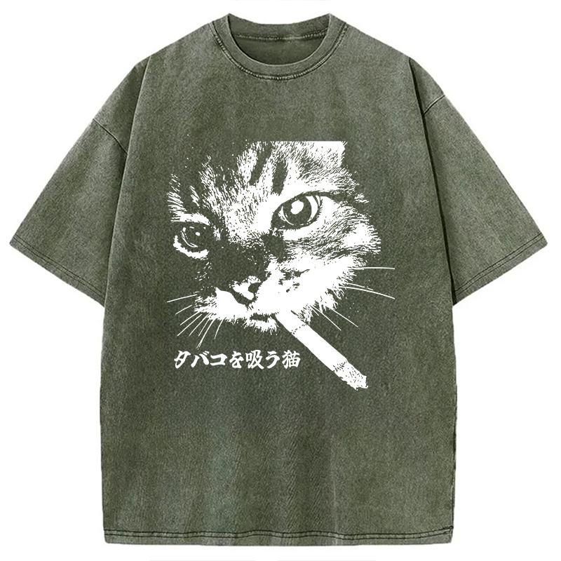 Modecanvas Retro Cat Smoking Washed T-Shirt-modecanvas