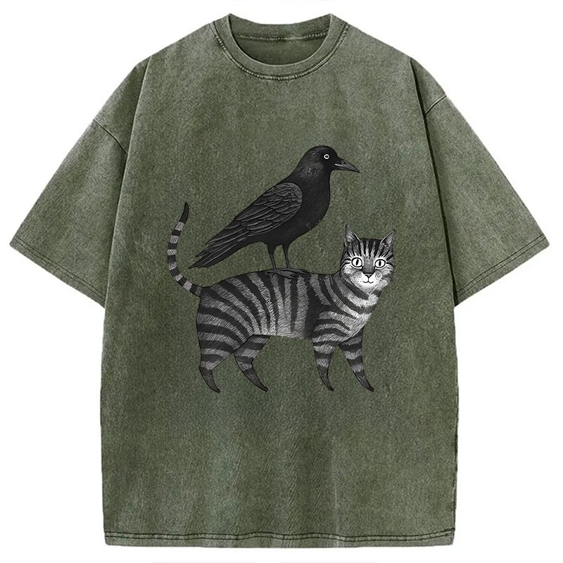 Modecanvas Crow Riding A Cat Washed T-Shirt