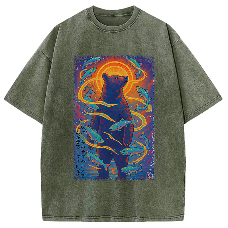 Modecanvas Ukiyoe Bear and Fish Vintage Poster Washed T-Shirt