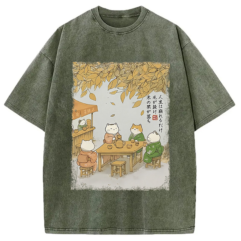 Modecanvas Cats Drinking Tea Under The Tree Washed T-Shirt