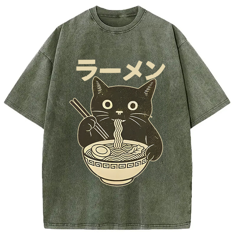 Modecanvas Simple Black Cat Eating Ramen Washed T-Shirt